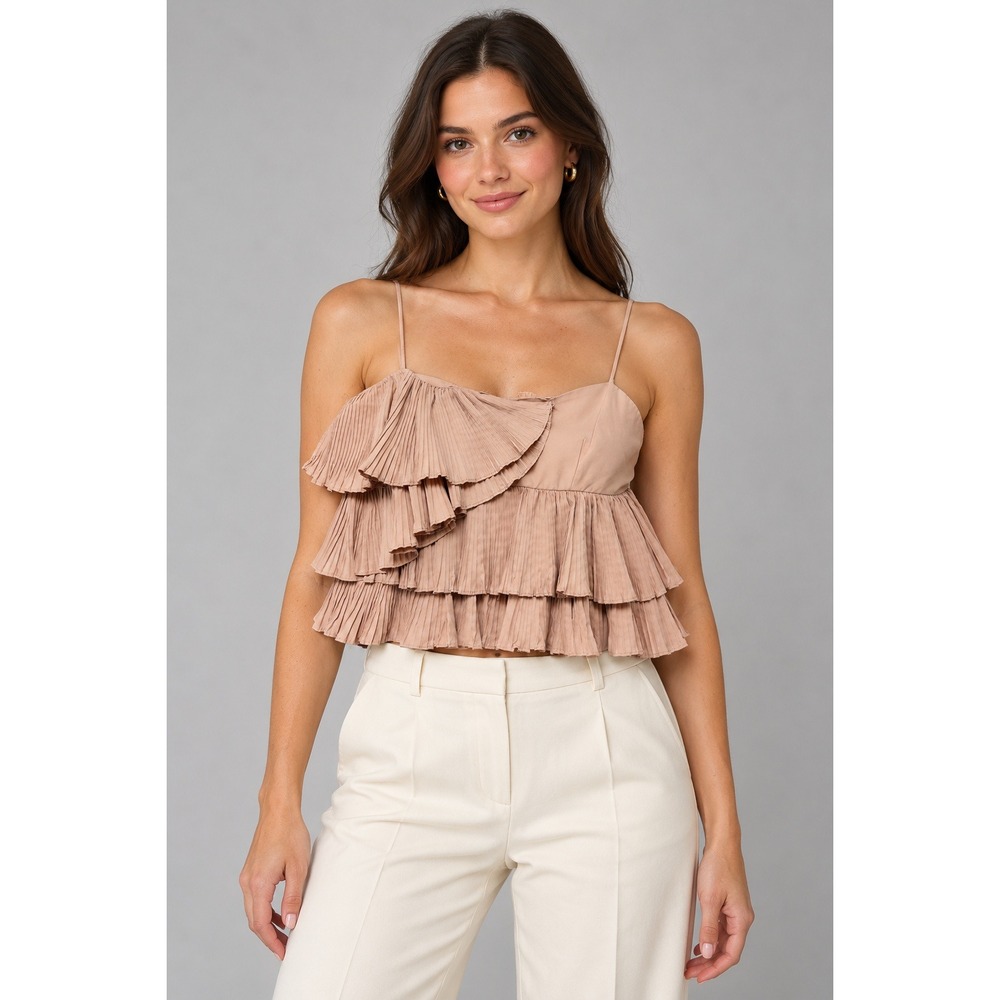 Zara Womens Dusty Rose Pleated Tiered Ruffle Cami Crop Top Size M Smocked Back